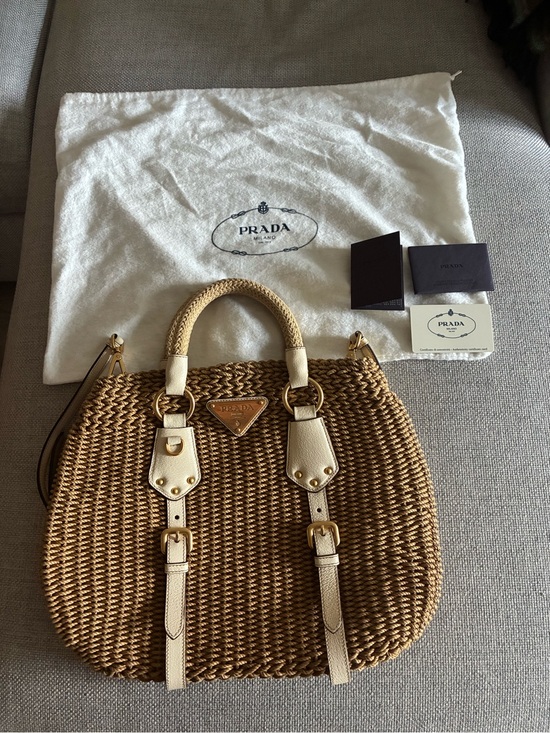 Prada Handbags - Prada Beige Braided-Trim Tote with Gold Hardware